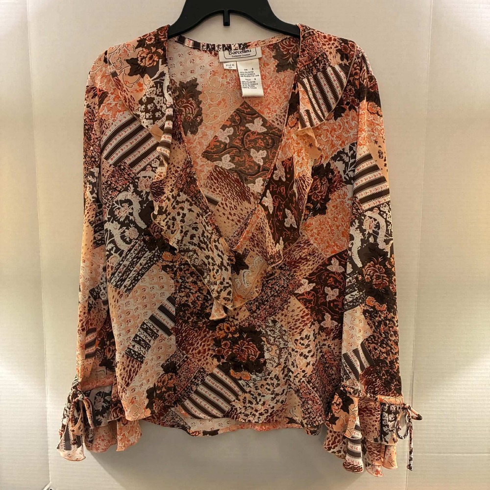 Borcellini Blouse Womens 8 Orange Patchwork Floral Animal Print Ruffle Boho